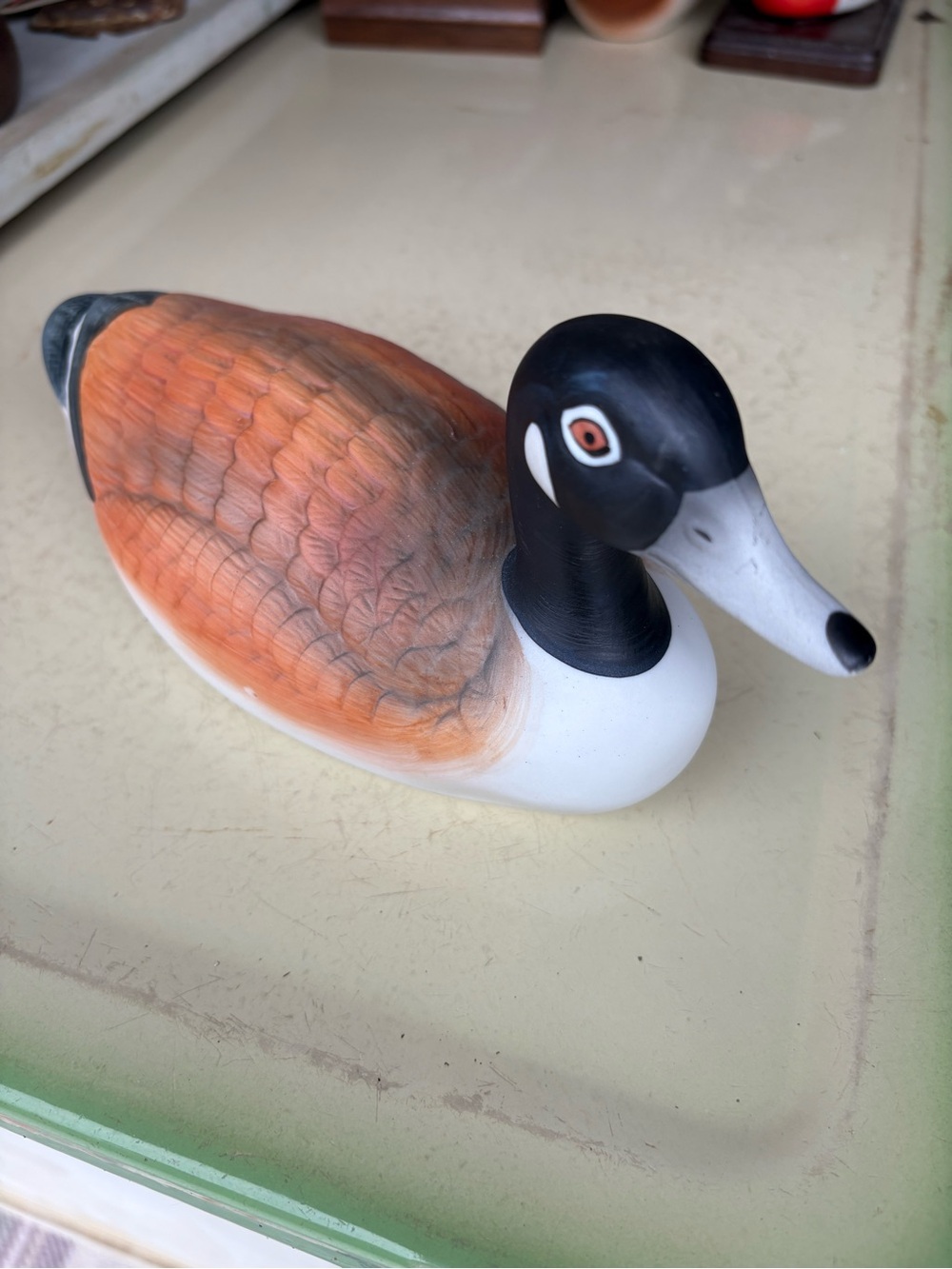 Vintage Hand-Painted Ceramic Duck Figurine in Orange, Black and White